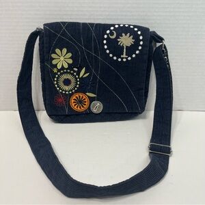 ROLE REVERSAL Bohemian BOHO corduroy Embroidered bird crossbody purse navy blue